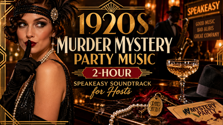 Promotional graphic for a 2-hour '1920s Murder Mystery Party Music' soundtrack by SpeaEasy. The design features a flapper woman on the left, a champagne coupe, a fedora, and a pearl necklace on a bar counter, set against a dark, vintage-themed background with gold and red text.
