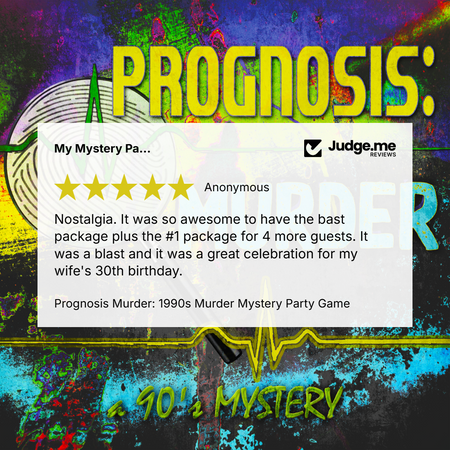 A promotional graphic for 'Prognosis: 1990s Murder Mystery Party Game' featuring a central white review card with a five-star rating and text from 'Judge.me Reviews'.