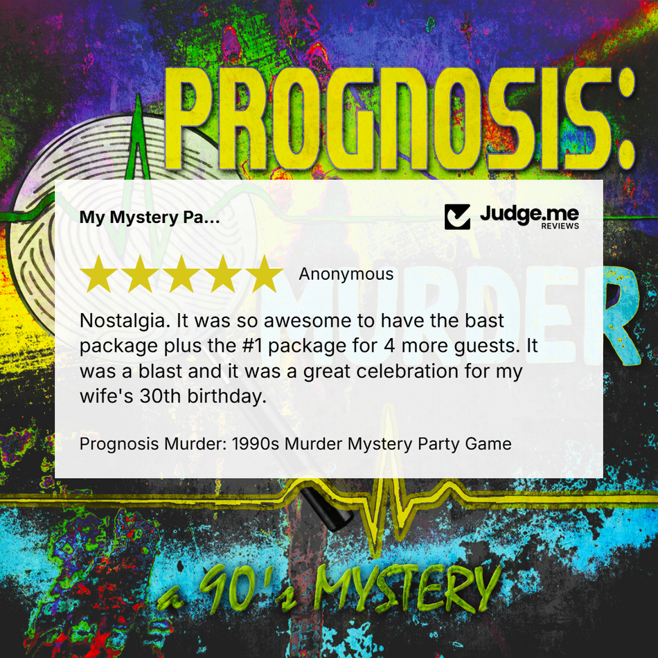 A promotional graphic for 'Prognosis: 1990s Murder Mystery Party Game' featuring a central white review card with a five-star rating and text from 'Judge.me Reviews'.