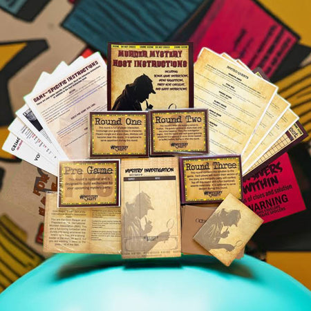 A tabletop display of a mystery game kit with printed instruction sheets, round cards, and small boxes arranged on top of a bright turquoise round tray. The background is a colorful abstract patterned surface.