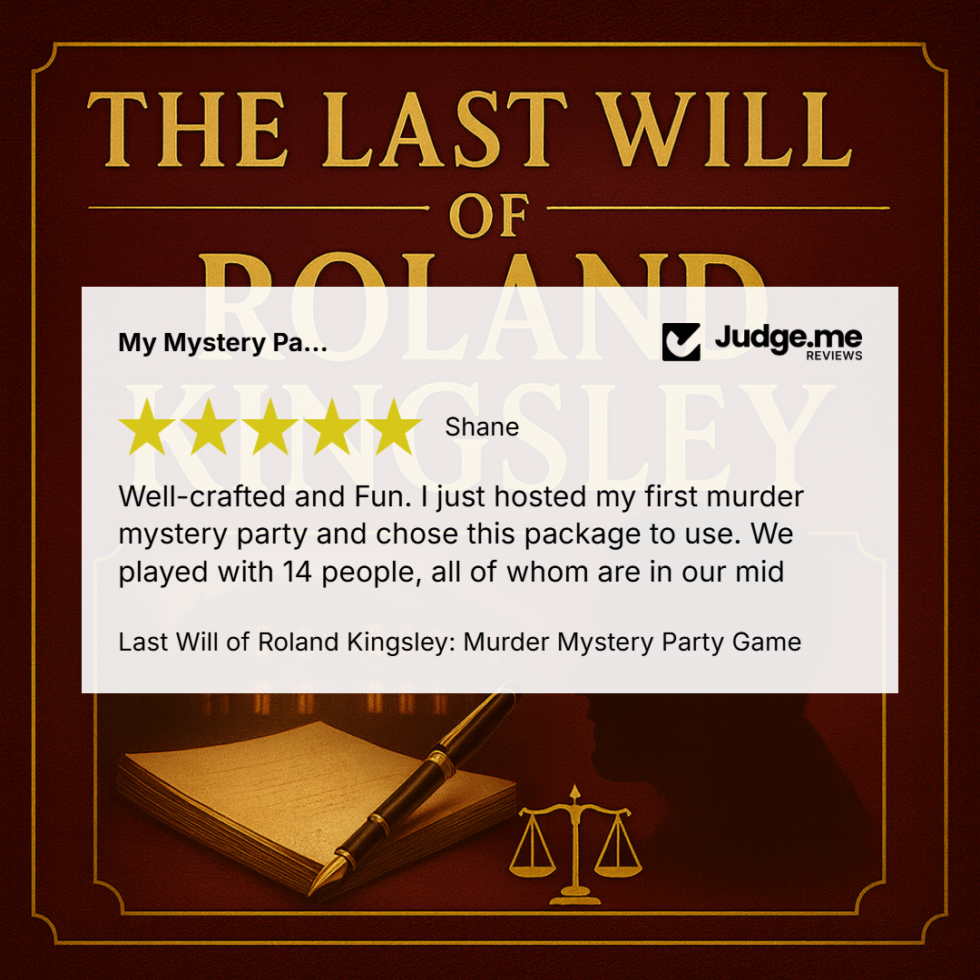 Promotional graphic for 'The Last Will of Roland Kingsley' mystery party game by Judge.me, featuring a white review card with a five-star rating and player testimonial over a dark red and gold background with a notebook, pen, and scales illustration.