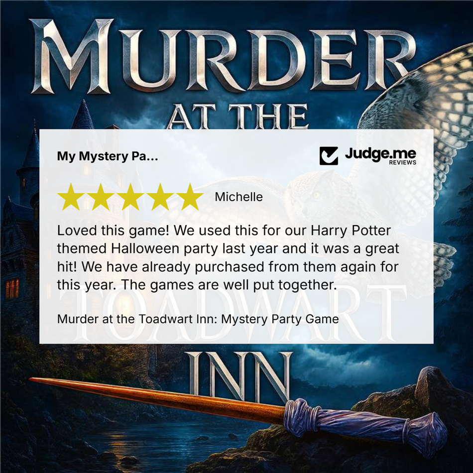 Promotional graphic for the board game 'Murder at the Toadsworth Inn' featuring a large five-star review from Michelle on a white card overlay, with a wizard's wand and castle background.