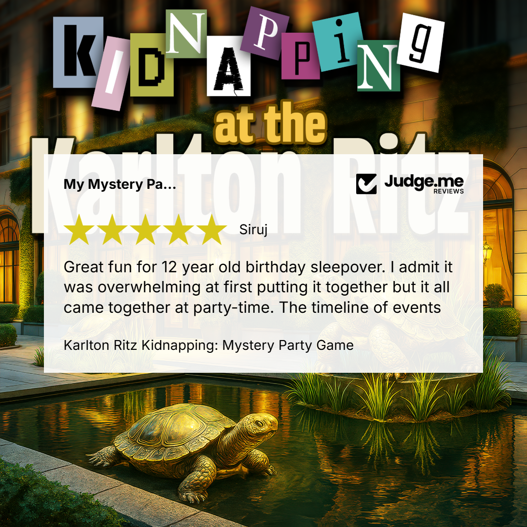 Promotional graphic for 'Kidnapping at the Karlton Ritz' party game, featuring a large white text box with customer reviews and a five-star rating, set against a background of a luxurious poolside patio with a turtle in the foreground.