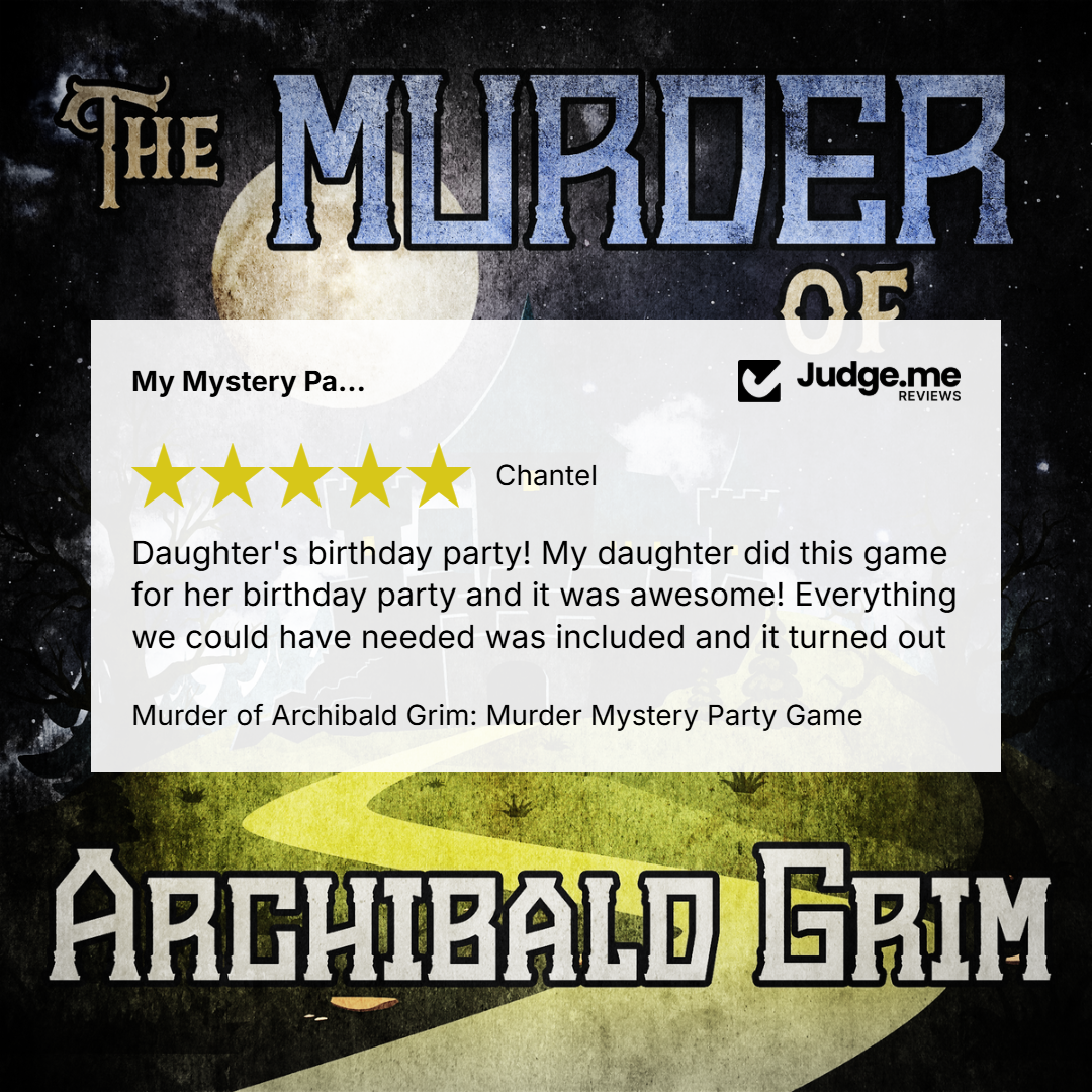Promotional graphic for the 'Murder of Archibald Grim' mystery party game, featuring a customer review from Judge.me on a dark, spooky background with a moon and shadow graphics.