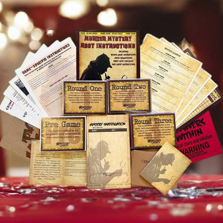 An example party pack kit for a My Mystery Party game including Abby Manor Masquerade Ball. 