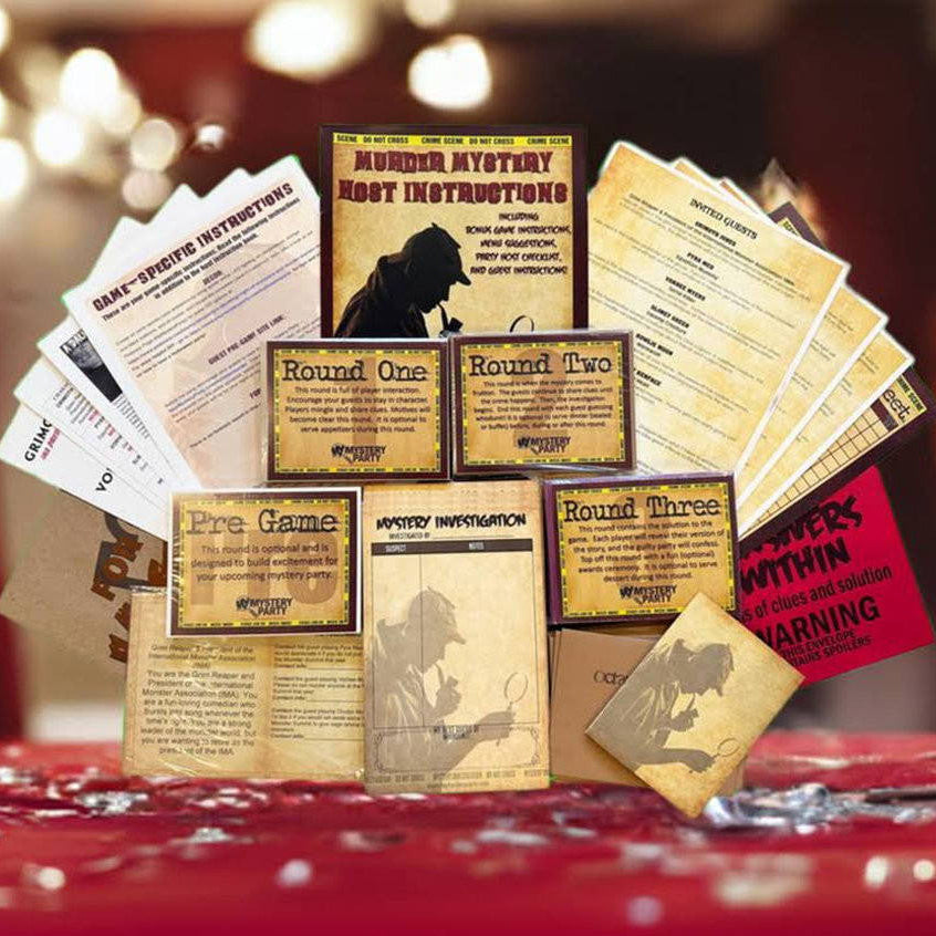 An example party pack kit for a My Mystery Party game including Abby Manor Masquerade Ball. 
