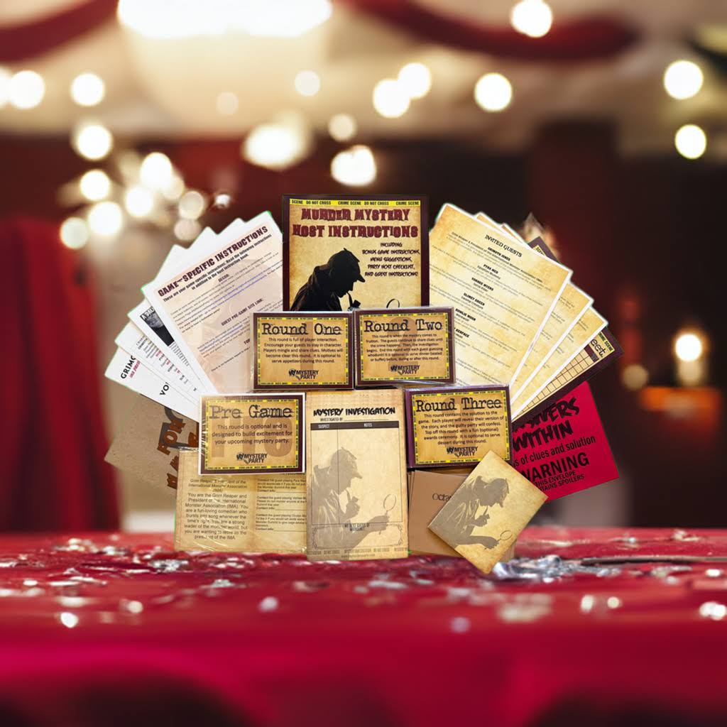 A tabletop display of a mystery game kit with printed cards, instruction sheets, and game boards arranged on a red sequined surface against a blurred indoor event background with warm lights.