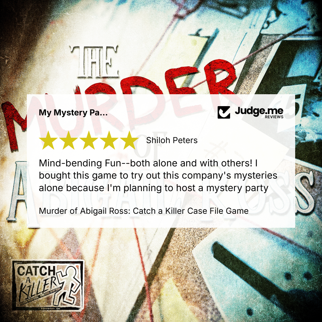 A promotional graphic for the board game 'The Murder of Abigail Ross: Catch a Killer Case File Game' by Judge.me.
