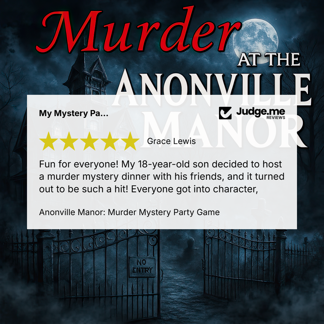 Promotional graphic for 'Murder at the Anonville Manor' party game, featuring a spooky night scene with a haunted manor, misty gate, full moon, and large title text. A white review card from Judge.