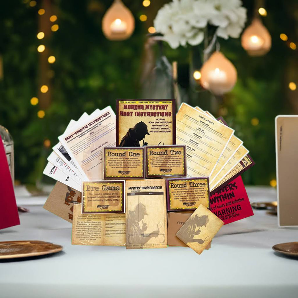 Murder mystery game documents on a table with soft lighting.