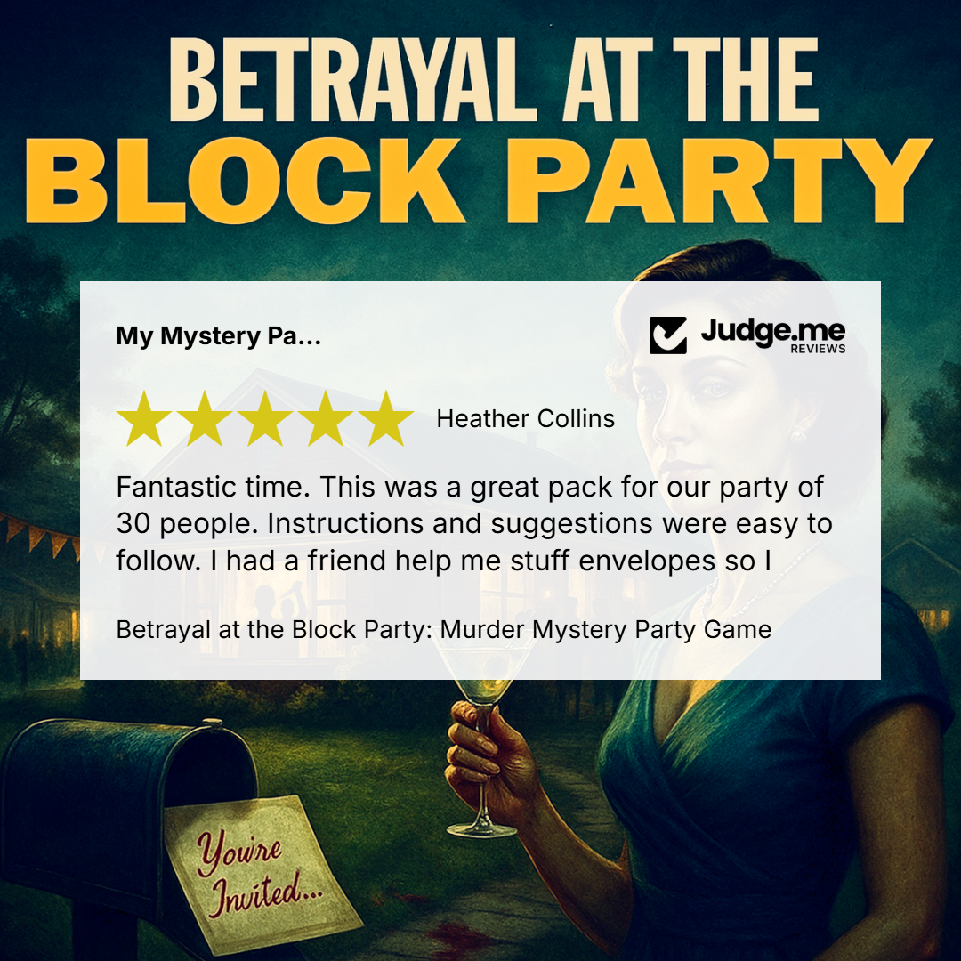 Promotional graphic for the game 'Betrayal at the Block Party' featuring a white review card with a Judge.me rating, set against a dark illustration of a woman holding a wine glass and an open mailbox with an invitation.