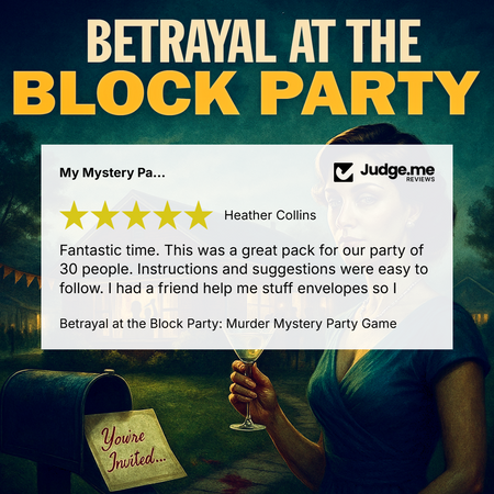 Promotional graphic for the game 'Betrayal at the Block Party' featuring a white review card with a Judge.me rating, set against a dark illustration of a woman holding a wine glass and an open mailbox with an invitation.