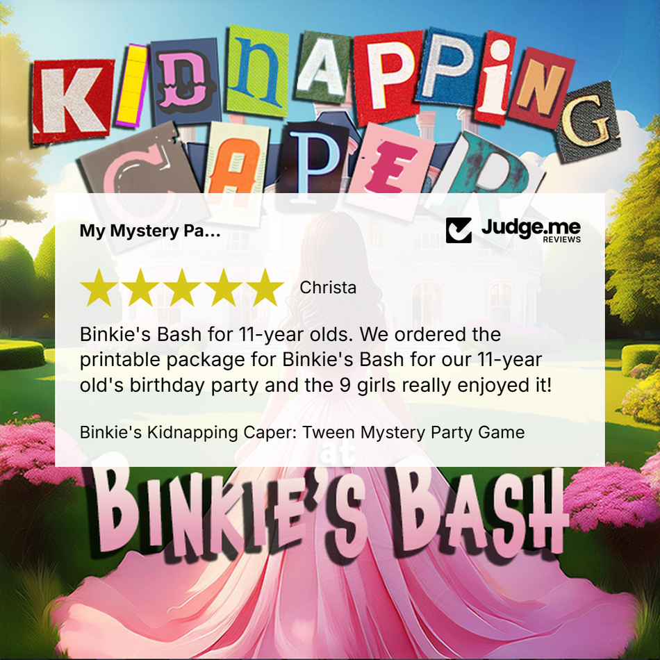A promotional graphic for a printable party game package titled 'Kidnapping Capers' with large colorful cutout-style letters spelling the title across the top. A large white review card is overlaid in the center, showing a five-star review and the Judge.