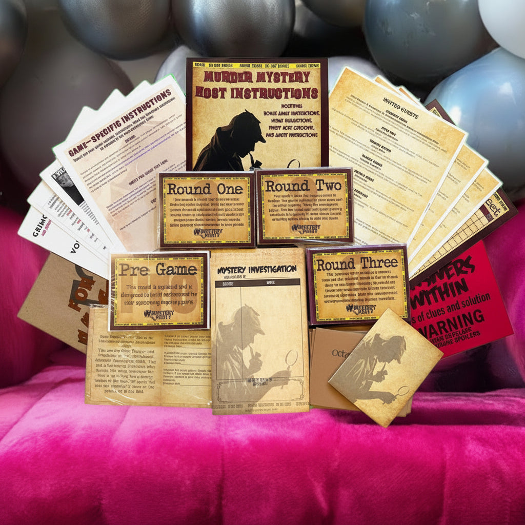 A themed party invitation suite for a 'Joker Mystery Rich Interloper' game, displayed on a magenta velvet couch with a background of silver and white balloons. The suite includes a main invitation, round tickets, a game card, a warning card, and a riddle card.