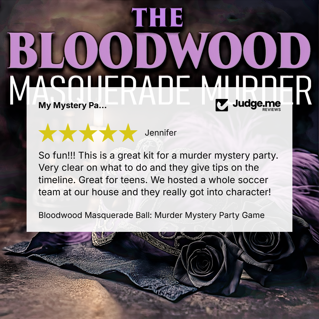 Promotional graphic for 'The Bloodwood Masquerade Murder' game kit by Judge.me Reviews, featuring a dark moody background with purple roses, a black lace veil, and a white review card showing a 5-star review from Jennifer.