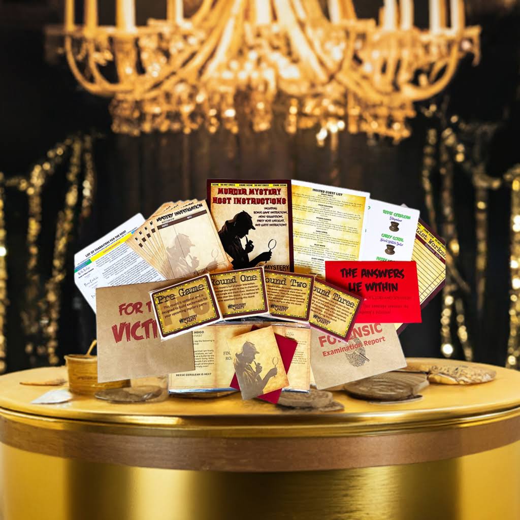 A collection of vintage-style mystery and true crime cards, posters, and small props arranged on a round gold table, with a chandelier and dark draped backdrop in the background.