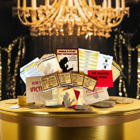 A collection of vintage-style mystery and true crime cards, posters, and small props arranged on a round gold table, with a chandelier and dark draped backdrop in the background.