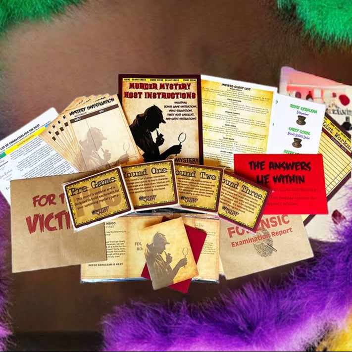 A flat-lay view of a mystery crime-themed card game set arranged on a brown surface, surrounded by a purple, green, and yellow fuzzy ring. The set includes various cards, instruction sheets, and a 'For the Victims' card.