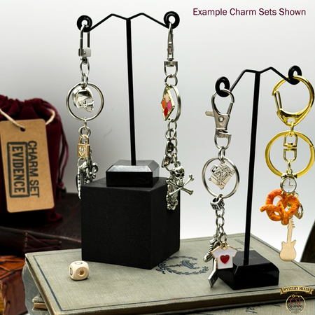 Example keychain charm sets for a murder mystery party game