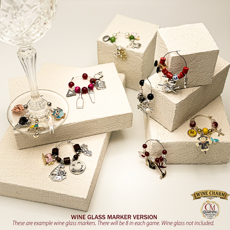 Wine charm version of the Butler Didn\\\'t Do It Murder Mystery Party Game. Example wine charms.