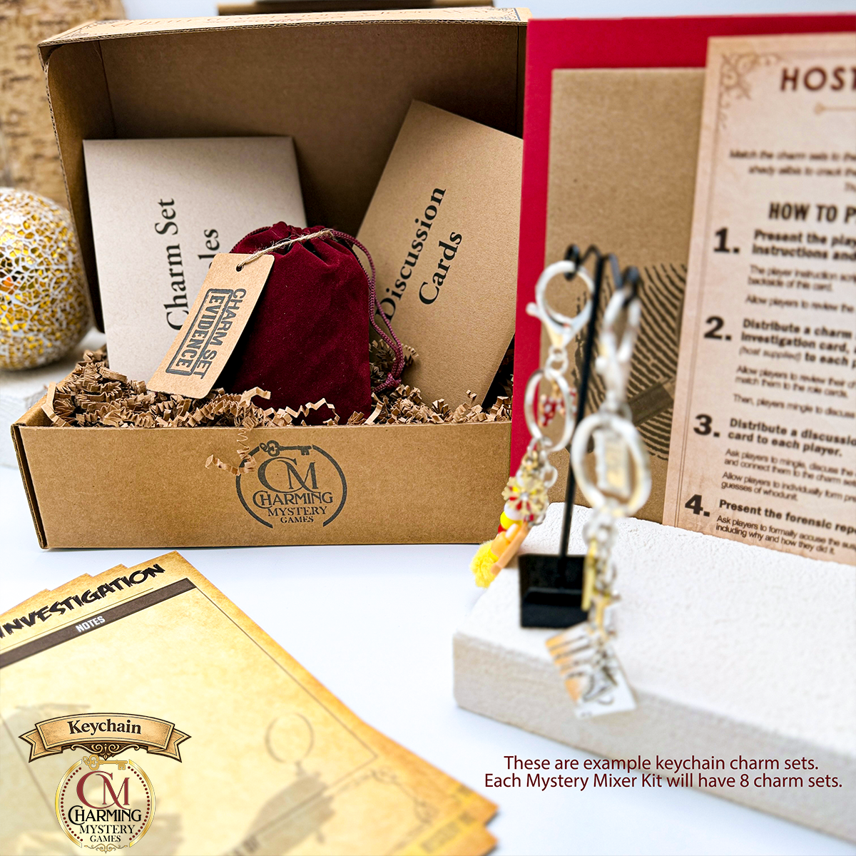 A murder mystery game solved with charm sets. 