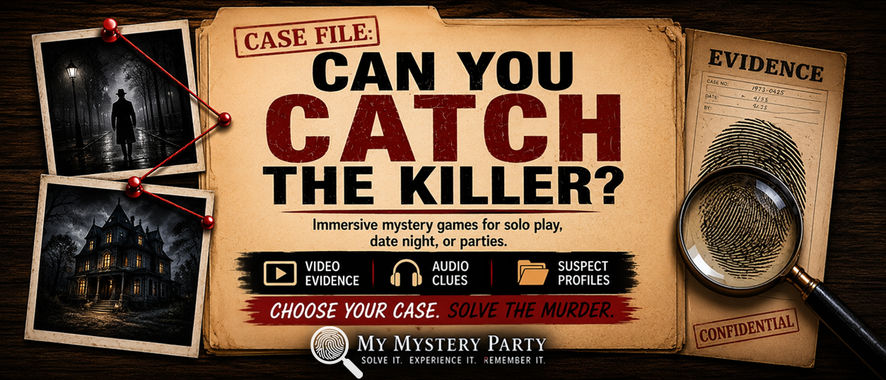 Promotional graphic for a case file mystery party games titled Catch A Killer.