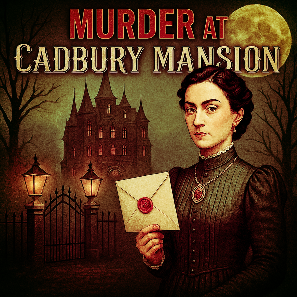 Cadbury Mansion murder mystery party game for Halloween. 