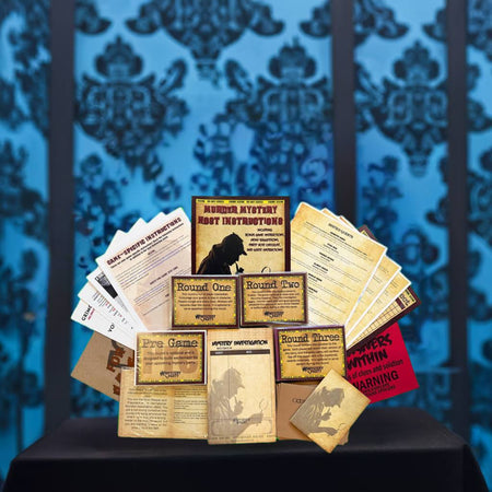 A collection of vintage-style mystery game cards and instruction sheets arranged on a black table against a blue patterned backdrop. The set includes multiple aged paper cards and sheets with printed text and illustrations, including a central card titled 'MURDER MYSTERY ROOT INSTRUCTIONS' and several round-robin game cards.