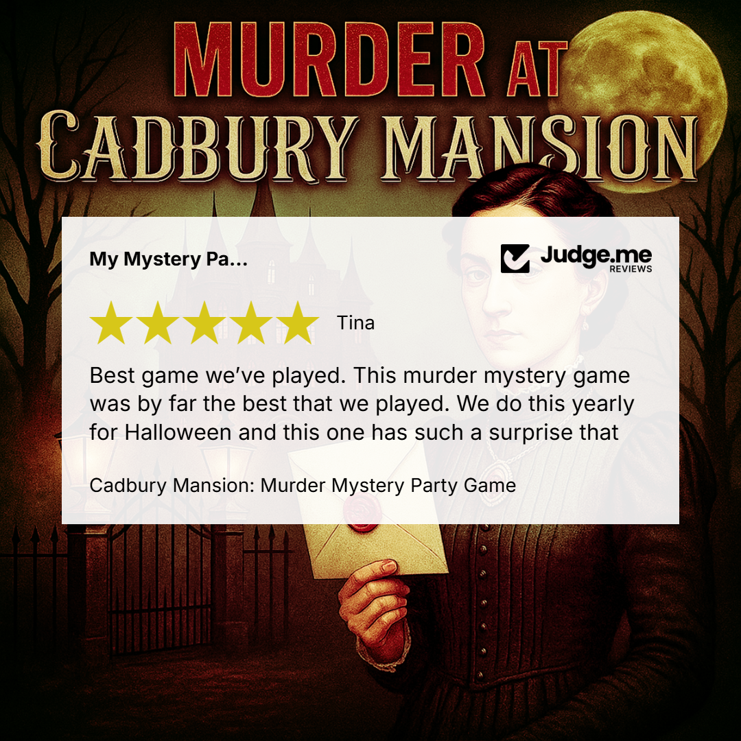 Promotional graphic for the 'Murder at Cadbury Mansion' party game, featuring a vintage-style illustration of a woman holding an envelope against a spooky mansion background. A white review card from Judge.