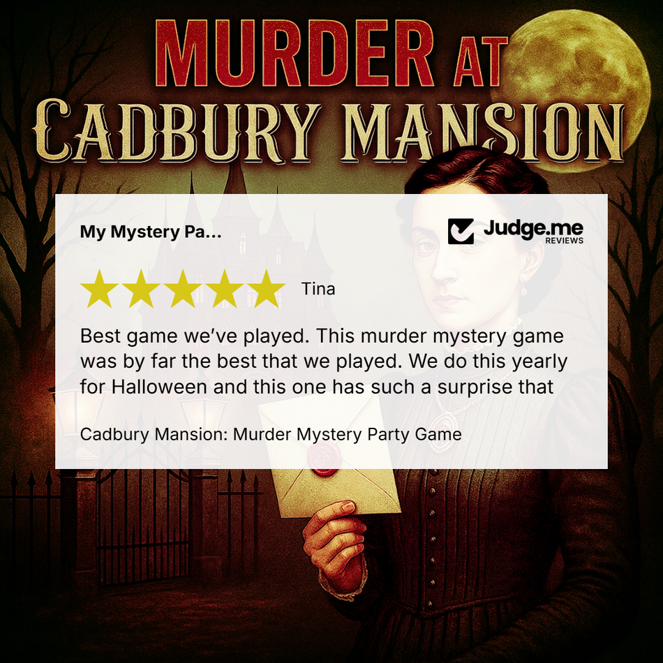 Promotional graphic for the 'Murder at Cadbury Mansion' party game, featuring a vintage-style illustration of a woman holding an envelope against a spooky mansion background. A white review card from Judge.