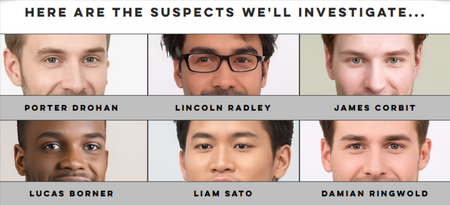 A novelty poster or graphic titled 'HERE ARE THE SUSPECTS WE'LL INVESTIGATE.