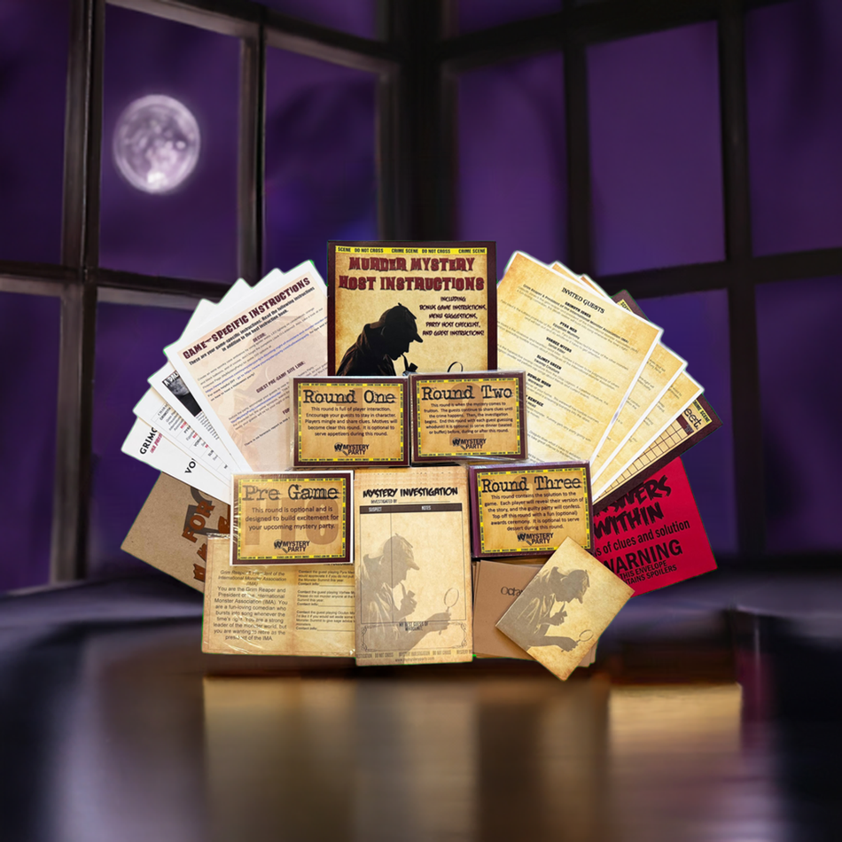 A tabletop display of a vintage-style mystery game set with multiple printed cards, evidence panels, and a red card, arranged in a fan shape on a dark reflective surface. The background shows purple window panes with a moon visible outside.
