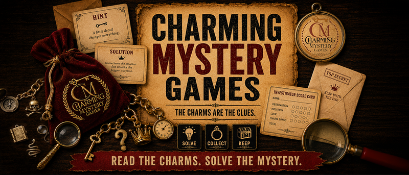 Promotional graphic for 'Charming Mystery Games' featuring a rustic wooden background with a central parchment-style sign, surrounded by themed mystery game props including a red drawstring bag, vintage keys, magnifying glass, cards, and a compass.
