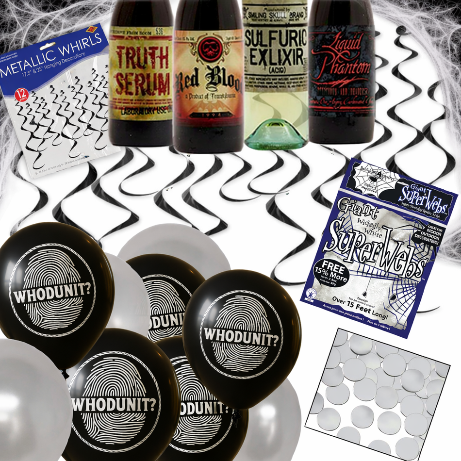 Murder mystery game decor kit for any murder mystery party game. 