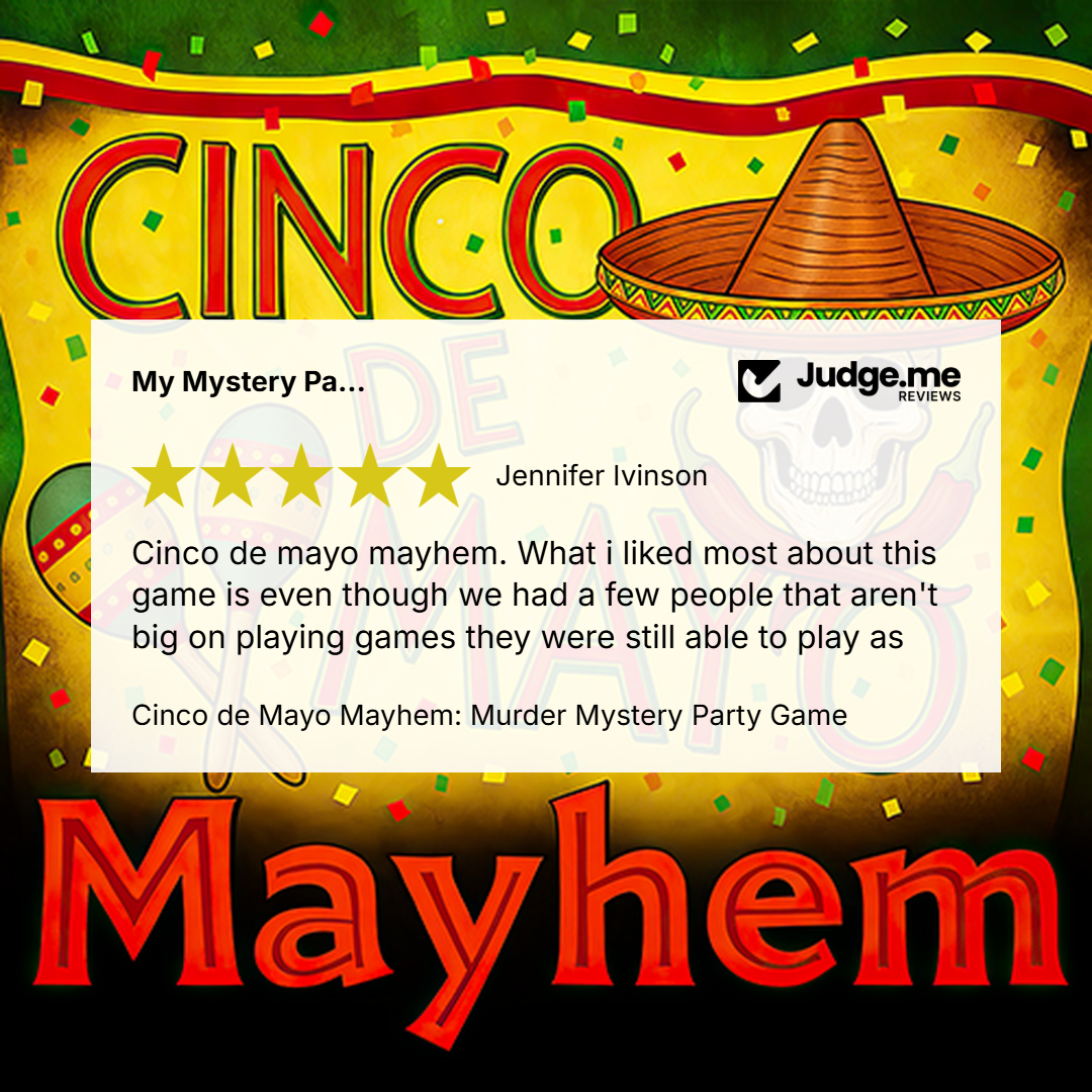 Promotional graphic for the 'Cinco de Mayo Mayhem' party game, featuring a festive Cinco de Mayo theme with a large sombrero, colorful confetti, and bold red text. A review card from 'Judge.