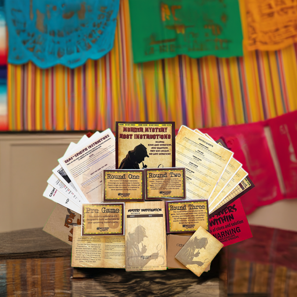 A tabletop display of a mystery board game set with multiple printed cards, instructions, and game boards arranged in a fan shape. The set includes visible components such as a black gorilla-themed card, round boards, and instruction sheets on a wooden surface.