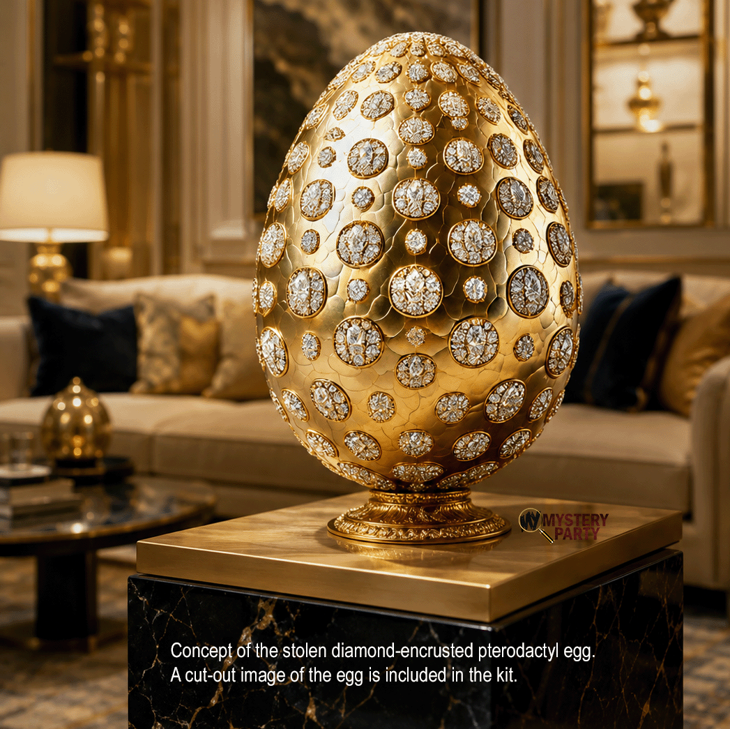 A large decorative egg sculpture in polished gold, covered with many circular diamond-like stones, displayed on a gold pedestal in a luxurious living room setting. Text at the bottom reads, 'Concept of the stolen diamond-encrusted pterodactyl egg.