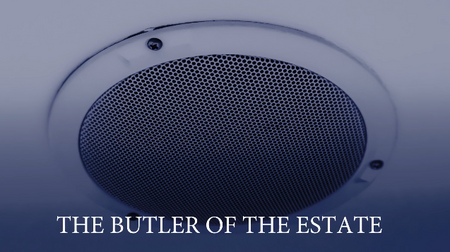 A close-up of a circular black speaker grille with a silver rim, set against a blue-toned background with the text 'THE BUTLER OF THE ESTATE' at the bottom.