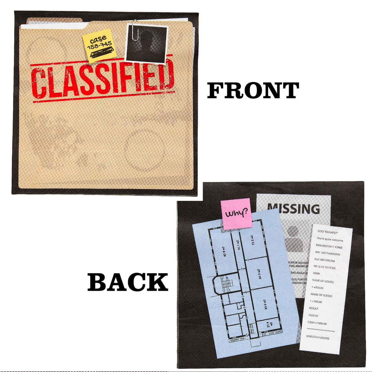 Murder mystery party disposable napkins - front and back view.