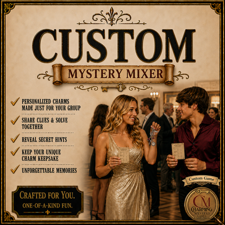 Custom Mystery Mixer mystery party game by Charming Mystery Games. Keychain version.