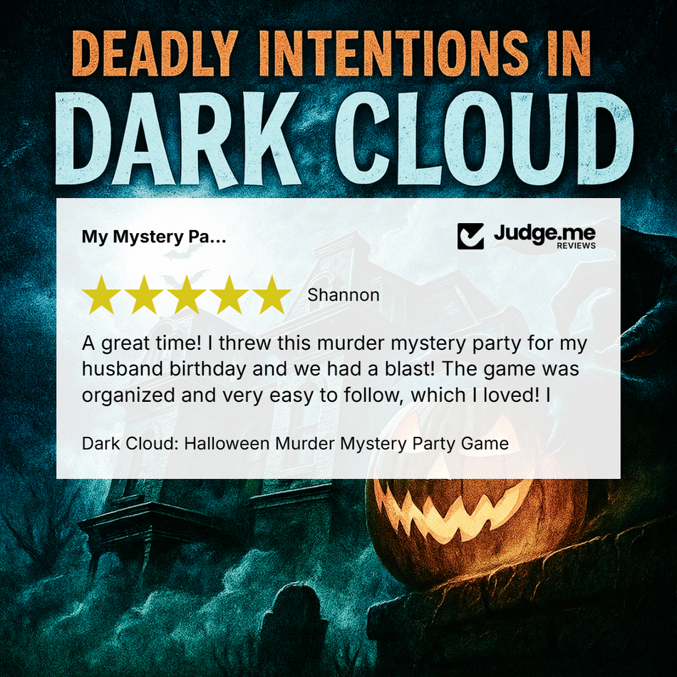 Promotional graphic for the 'Deadly Intentions in Dark Cloud' Halloween mystery party game by Judge.me.