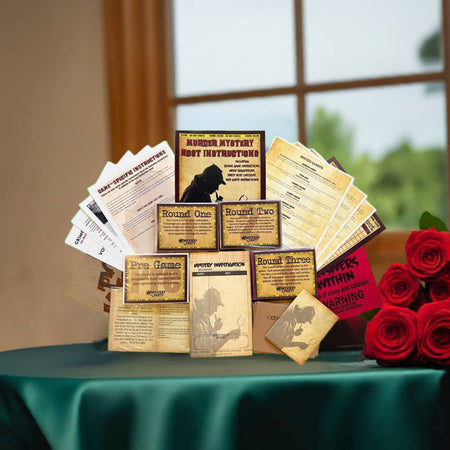 A decorative arrangement of faux vintage mystery and true crime documents, cards, and small labels displayed on a teal draped table, with red roses beside it and a softly blurred indoor window background.