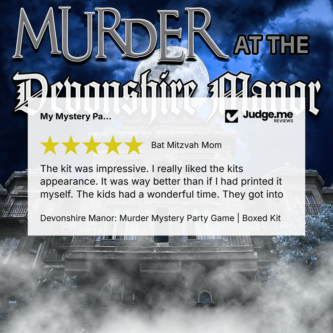 Promotional graphic for the 'Murder at the Devonshire Manor' mystery party game box set. The top features stylized gothic text reading 'MURDER AT THE Devonshire Manor' against a dark blue smoky sky with a moonlit background.