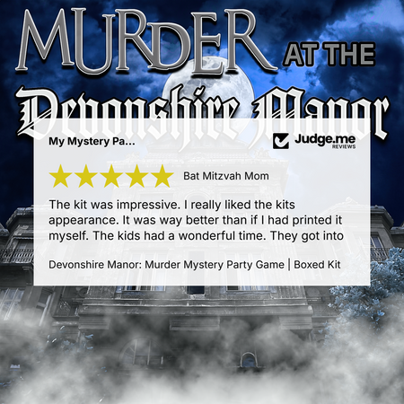 Promotional graphic for the 'Murder at the Devonshire Manor' mystery party game box set. The top features stylized gothic text reading 'MURDER AT THE Devonshire Manor' against a dark blue smoky sky with a moonlit background.