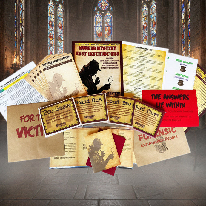 A Halloween-themed ghostly house scene with a crow perched on a doorframe, surrounded by floating vintage-style mystery files, cards, and pamphlets with red, yellow, and tan printed elements.