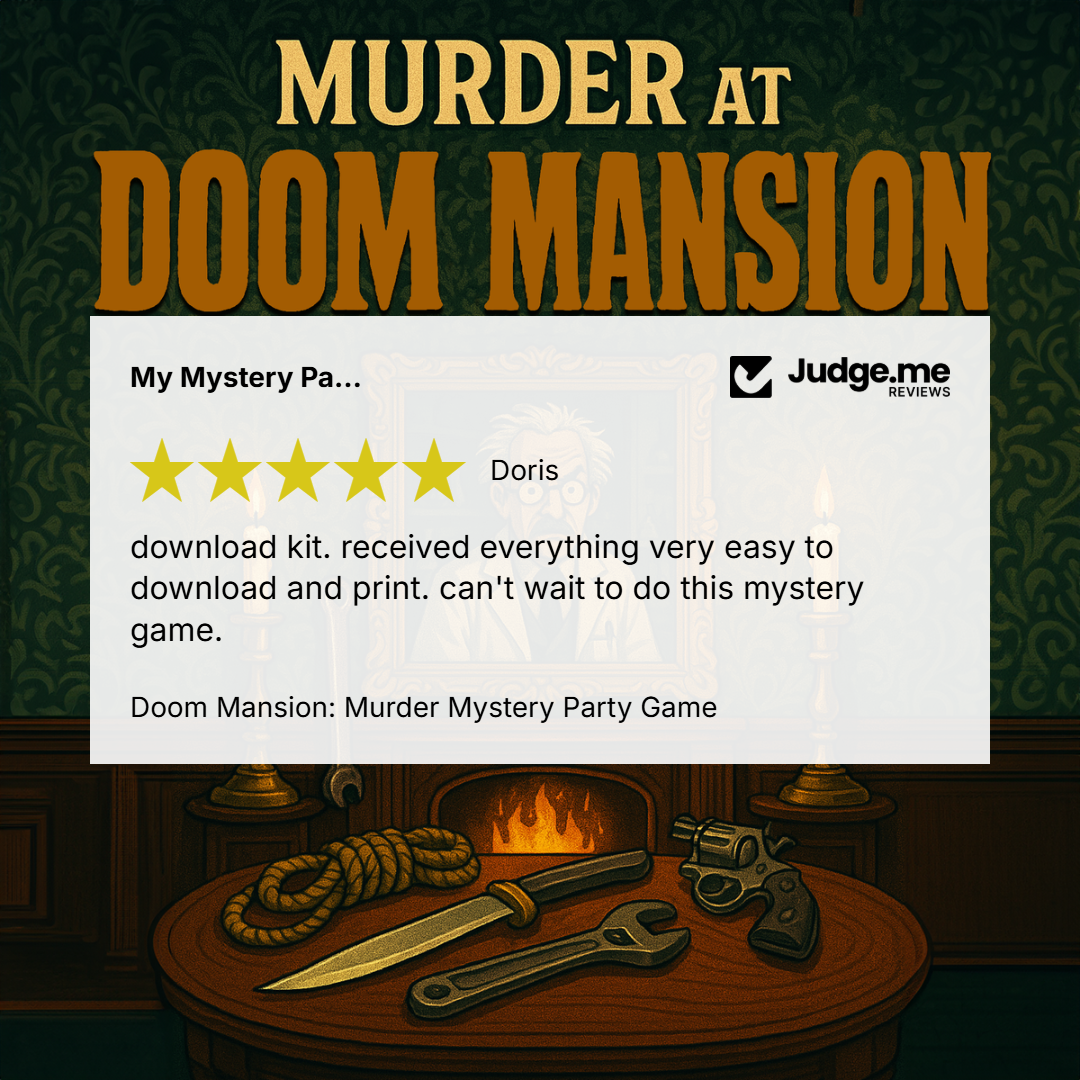 Promotional graphic for the 'Doom Mansion: Murder Mystery Party Game' by Judge.me, featuring a 5-star review from Doris and a collection of game props including a knife, wrench, rope, and revolver on a table in front of a fireplace.