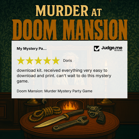 Promotional graphic for the 'Doom Mansion: Murder Mystery Party Game' by Judge.me, featuring a 5-star review from Doris and a collection of game props including a knife, wrench, rope, and revolver on a table in front of a fireplace.