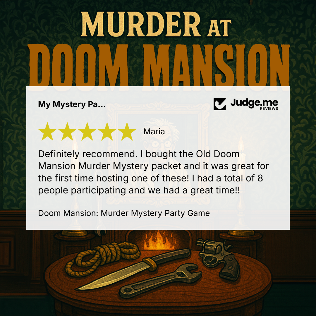 Promotional graphic for 'Doom Mansion: Murder Mystery Party Game' featuring a customer review from 'Maria' on a white card overlay. The background depicts a dark, moody room with a wooden table holding a rope, knife, wrench, and revolver, under a large title in bold gold letters.
