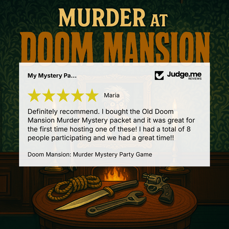 Promotional graphic for 'Doom Mansion: Murder Mystery Party Game' featuring a customer review from 'Maria' on a white card overlay. The background depicts a dark, moody room with a wooden table holding a rope, knife, wrench, and revolver, under a large title in bold gold letters.