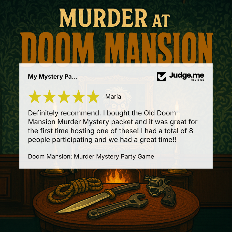 Promotional graphic for 'Doom Mansion: Murder Mystery Party Game' featuring a customer review from 'Maria' on a white card overlay. The background depicts a dark, moody room with a wooden table holding a rope, knife, wrench, and revolver, under a large title in bold gold letters.